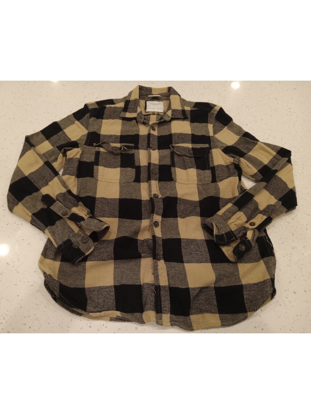 Denim & Flower Ricky Singh Shirt Mens Large Black Beige Plaid Flannel Pocket L